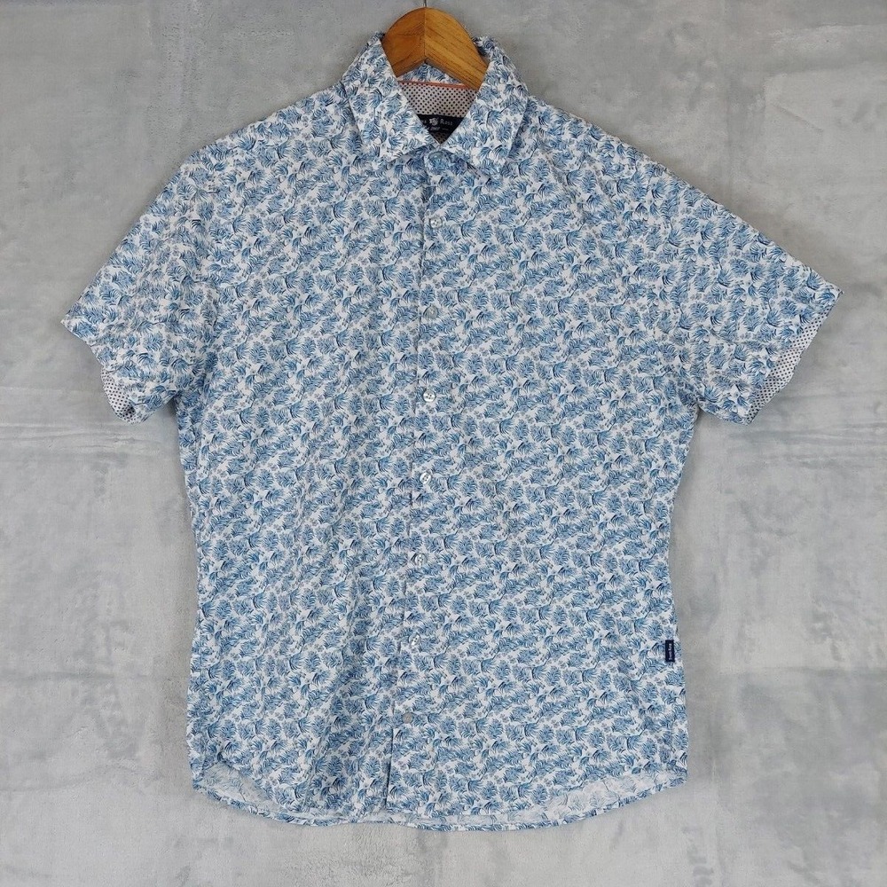 Stone Rose Shirt Mens MEDIUM Blue Floral Leafy Print Short Sleeve‎ Button Down